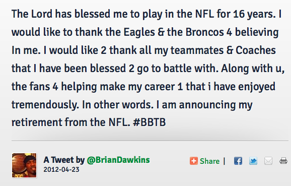 Brian Dawkins announces retirement from NFL – Daily Local