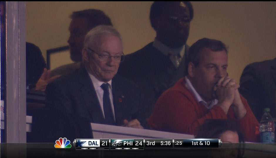 New Jersey Governor Chris Christie shakes hands with Dallas Cowboys owner  Jerry Jones before the New York Giants play the Dallas Cowboys in week 12  of the NFL season at MetLife Stadium