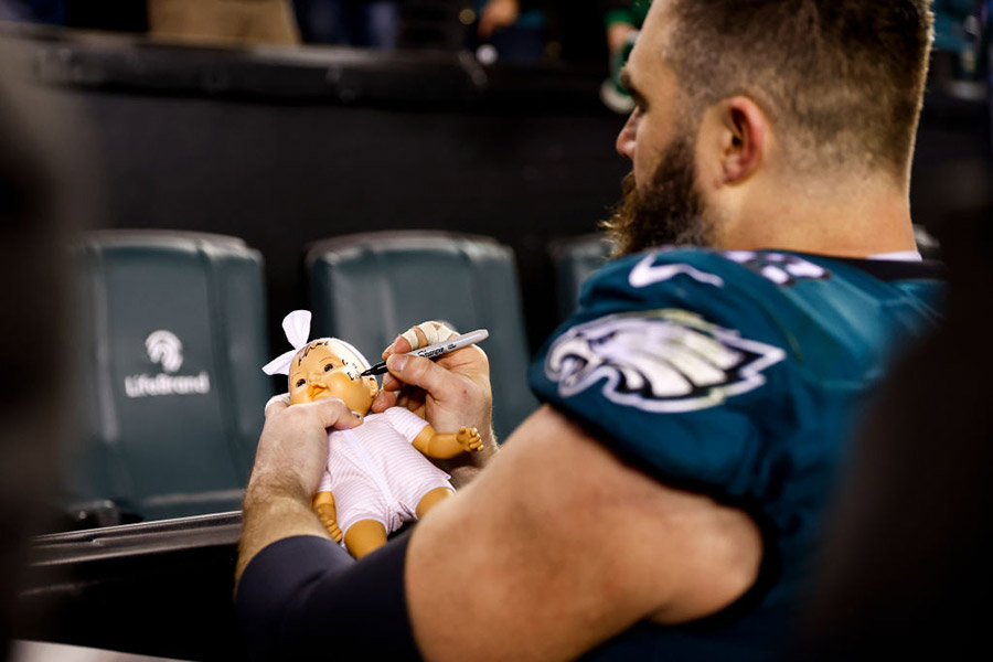 Jason Kelce Signed a Baby (Doll) After the Eagles Beat the Giants